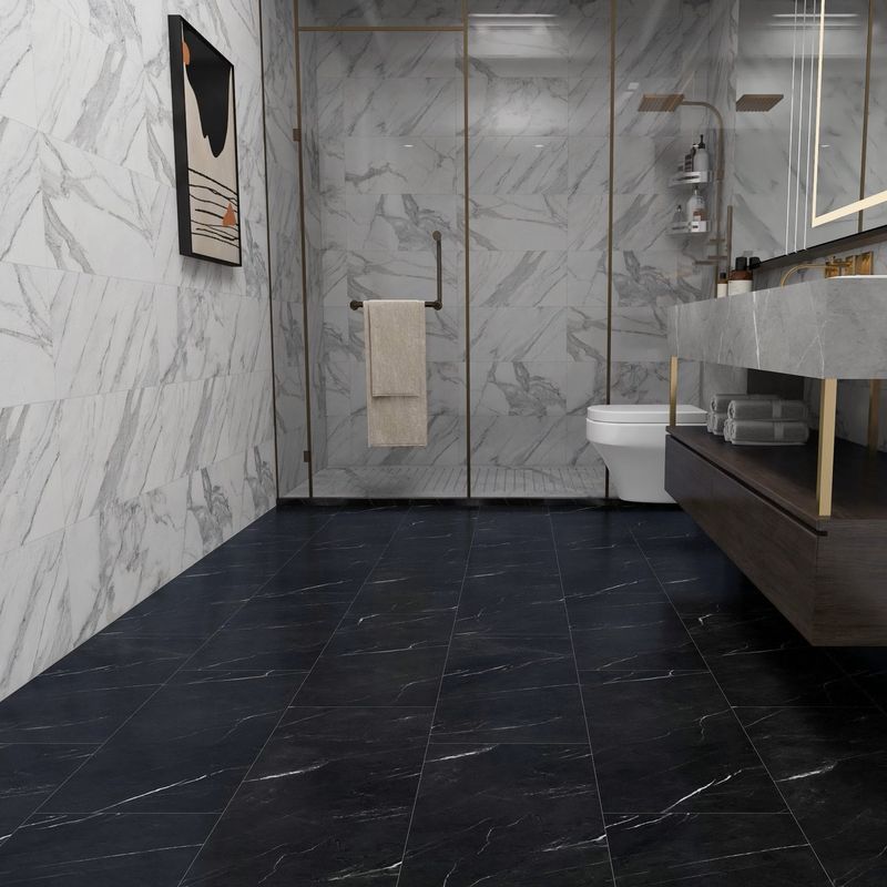 $4.09/sq. ft. ($97.16/Box)  Vinyl Tile "NERO MARQUINA" with Attached Underlayment